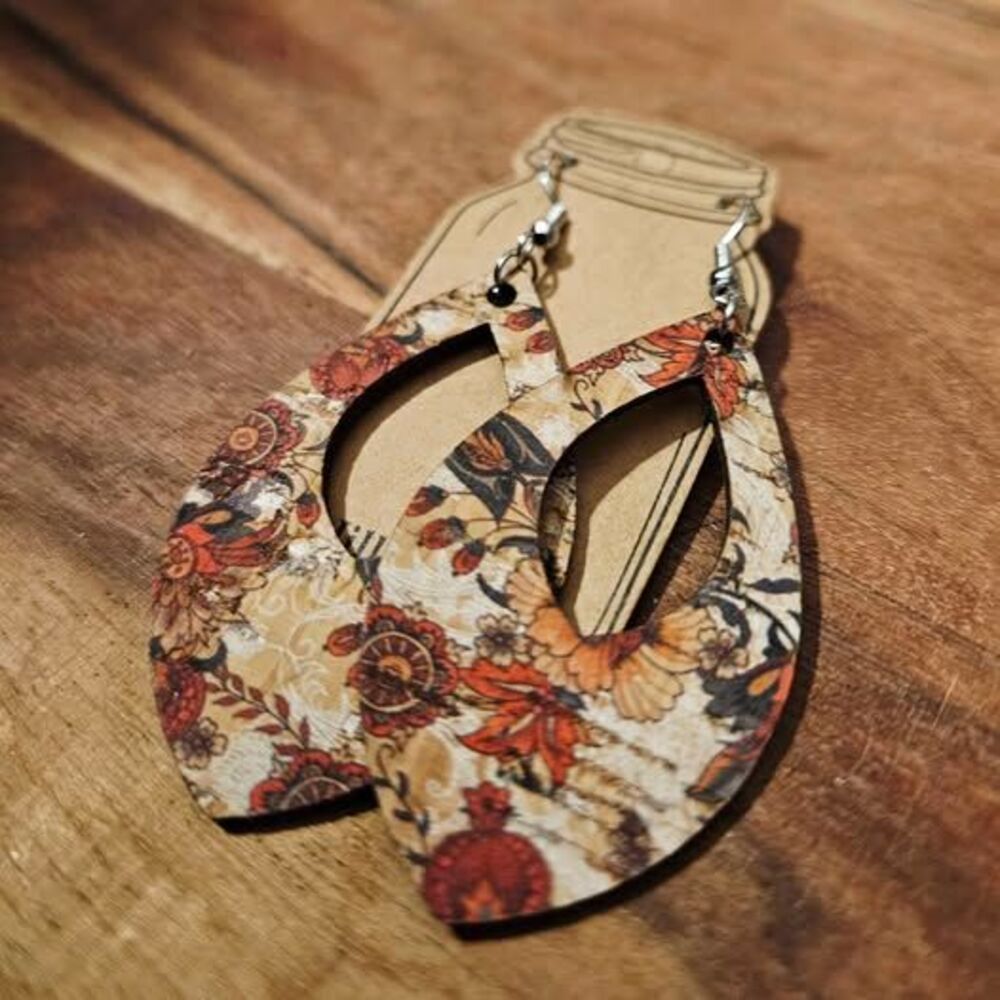 Fall Floral Wood Teardrop Dangle Earrings - Boho Autumn Statement Jewelry